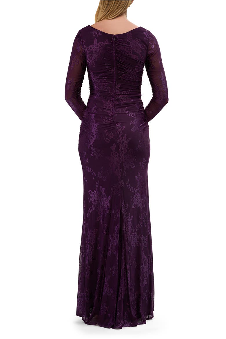 Chic Stretch Lace Evening Dress with Ruching and V Neckline, Alternate, color, Eggplant