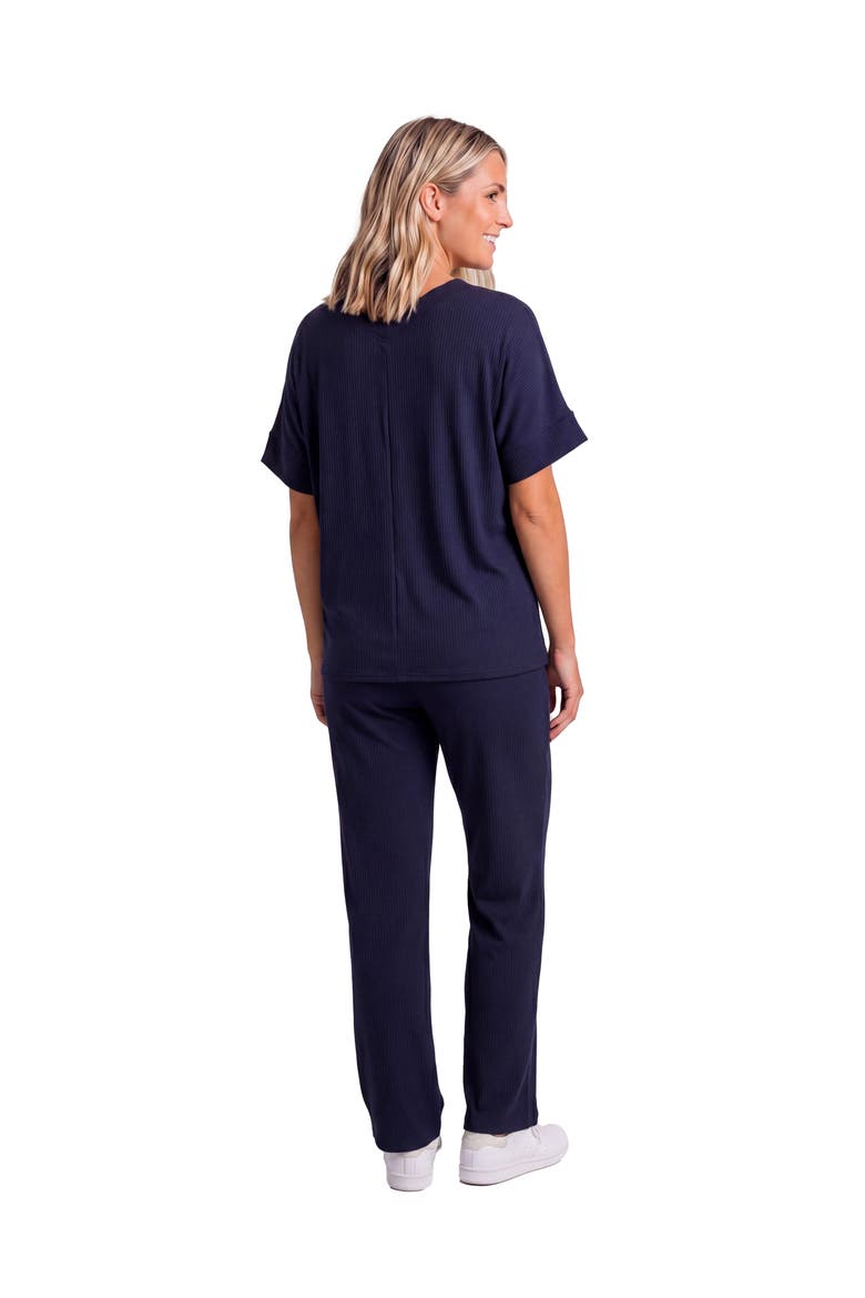 Maternity Basic Ribbed Knit Dolman Sleeve V-Neck Top and Drawstring Wide Leg Pant Set, Alternate, color, Navy