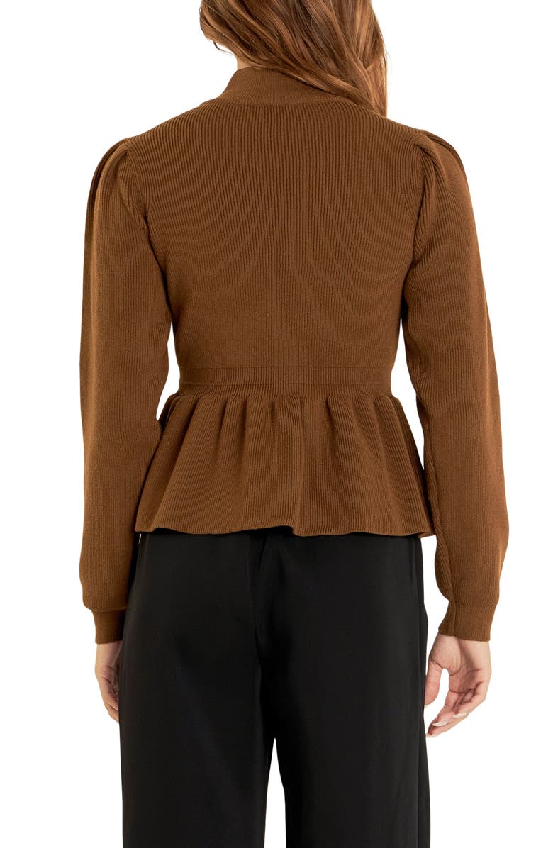 English Factory Mock Neck Peplum Rib Sweater, Alternate, color, Brown