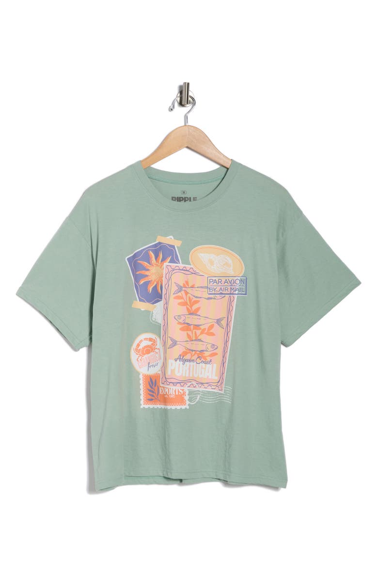 Ripple Junction Portugal Postcard Collage Graphic T-Shirt, Alternate, color, Light Green