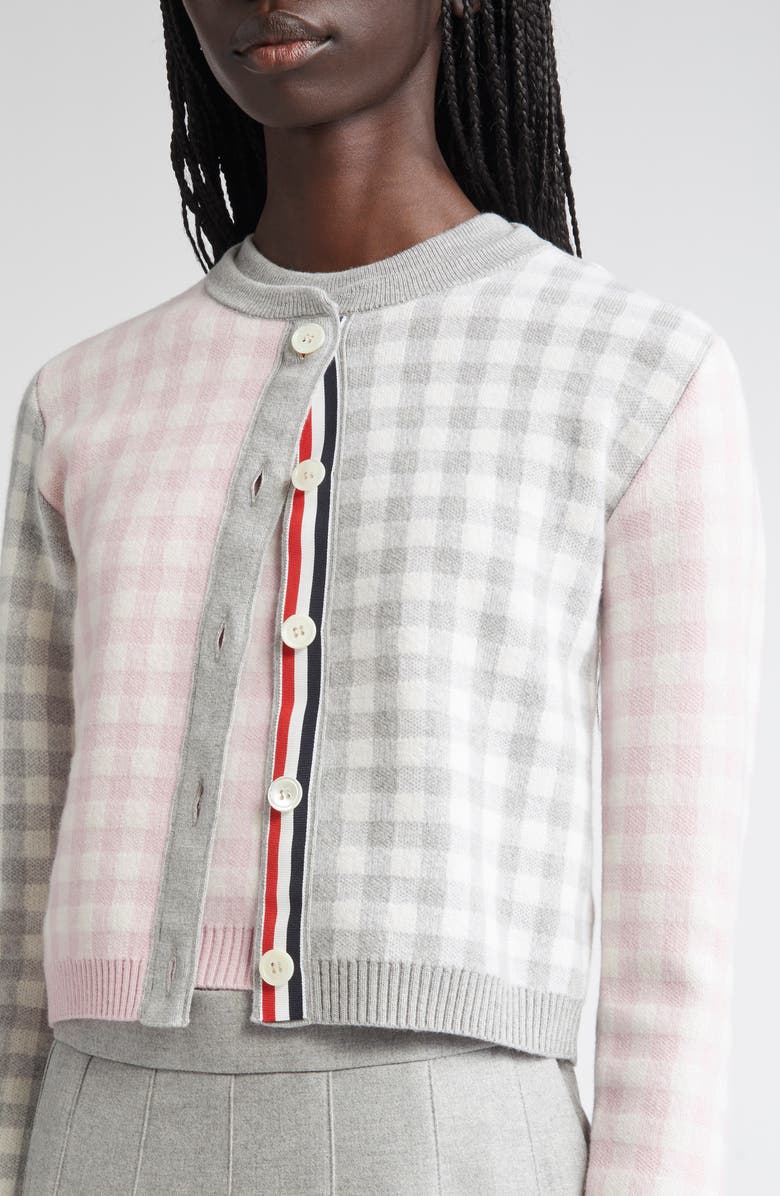 Thom Browne Fun-Mix Gingham Check Bird's Eye Wool Blend Cardigan, Alternate, color, Seasonal Combo