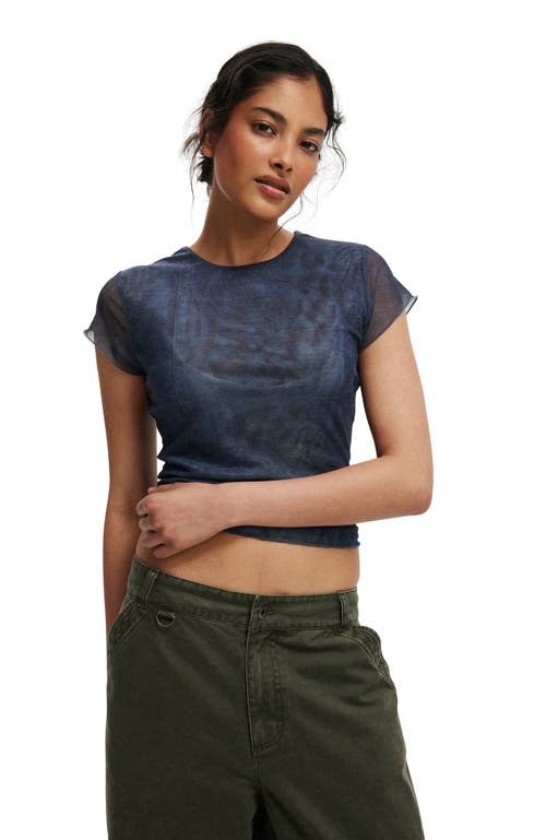 Cotton On Women's Ashley Mesh Short Sleeve Top in Printed Denim Seam 