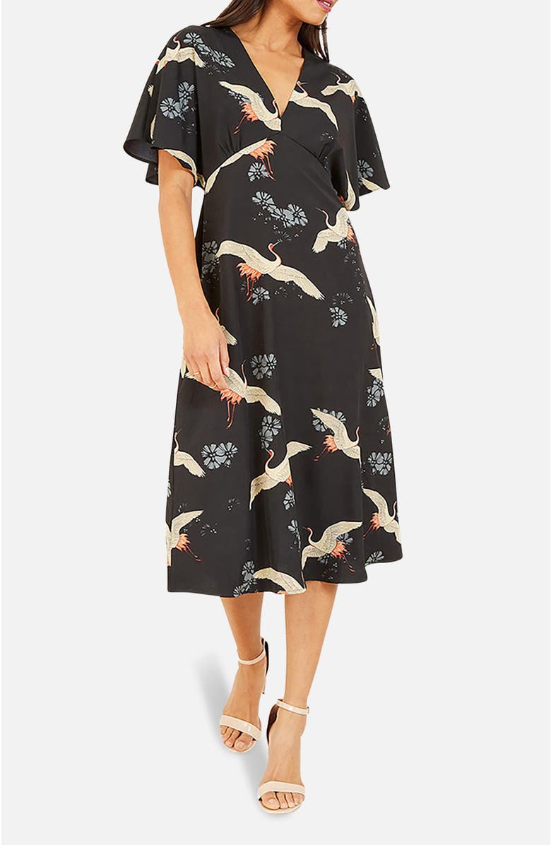 Yumi Short Sleeve V-Neck Midi Dress, Alternate, color, Black