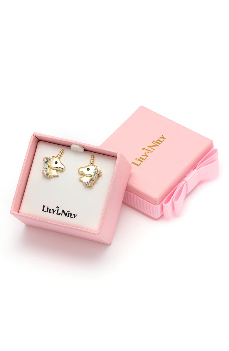Lily Nily Kids' Pavé Cubic Zirconia Unicorn Stud Earrings, Alternate, color, Gold