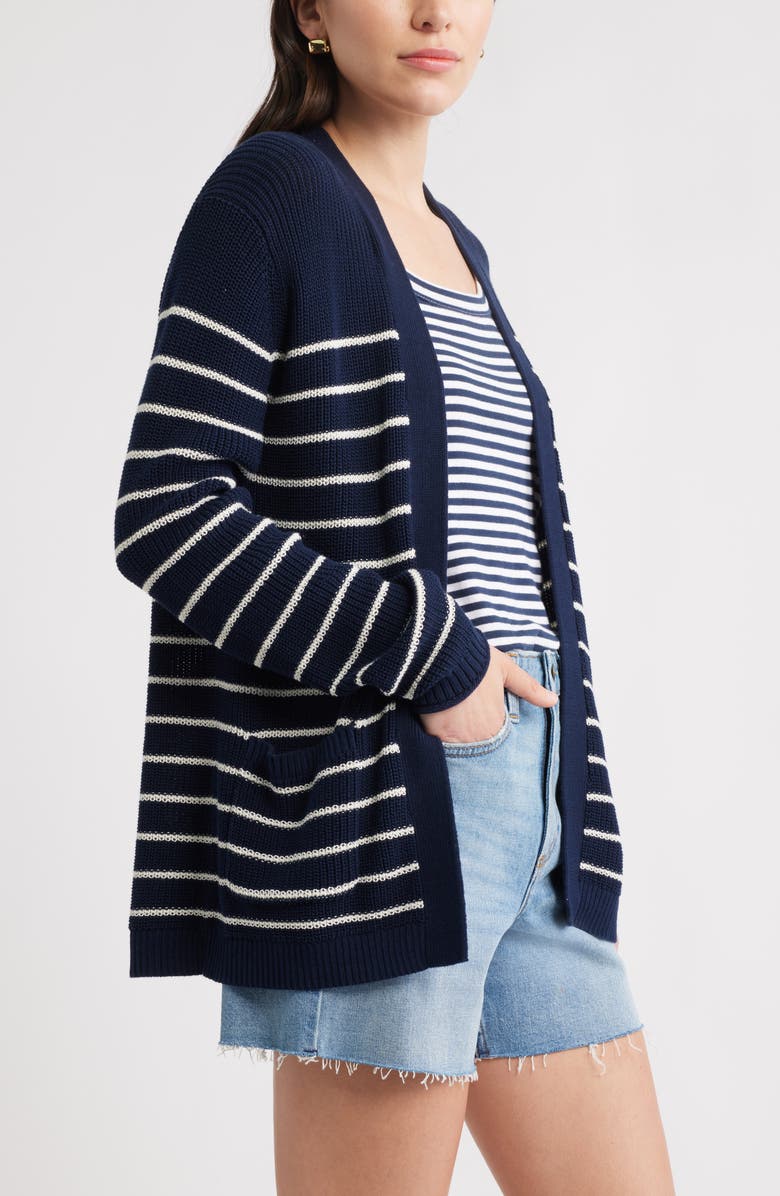 Caslon<sup>®</sup> Shaker Stitch Pima Cotton Cardigan, Alternate, color, Navy Blazer- Ivory Jana Stripe