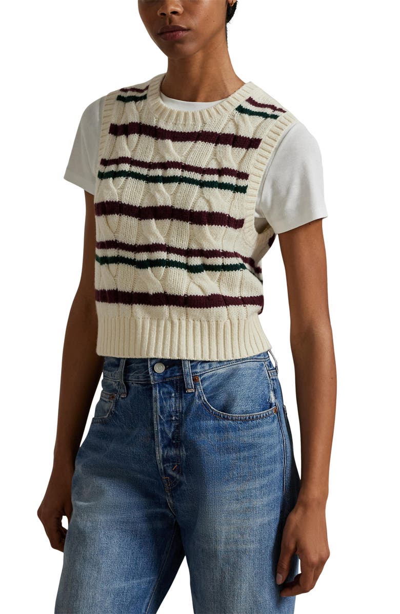 Polo Ralph Lauren Stripe Wool & Cashmere Cable Knit Sweater Vest, Main, color, Authentic Cream Multi