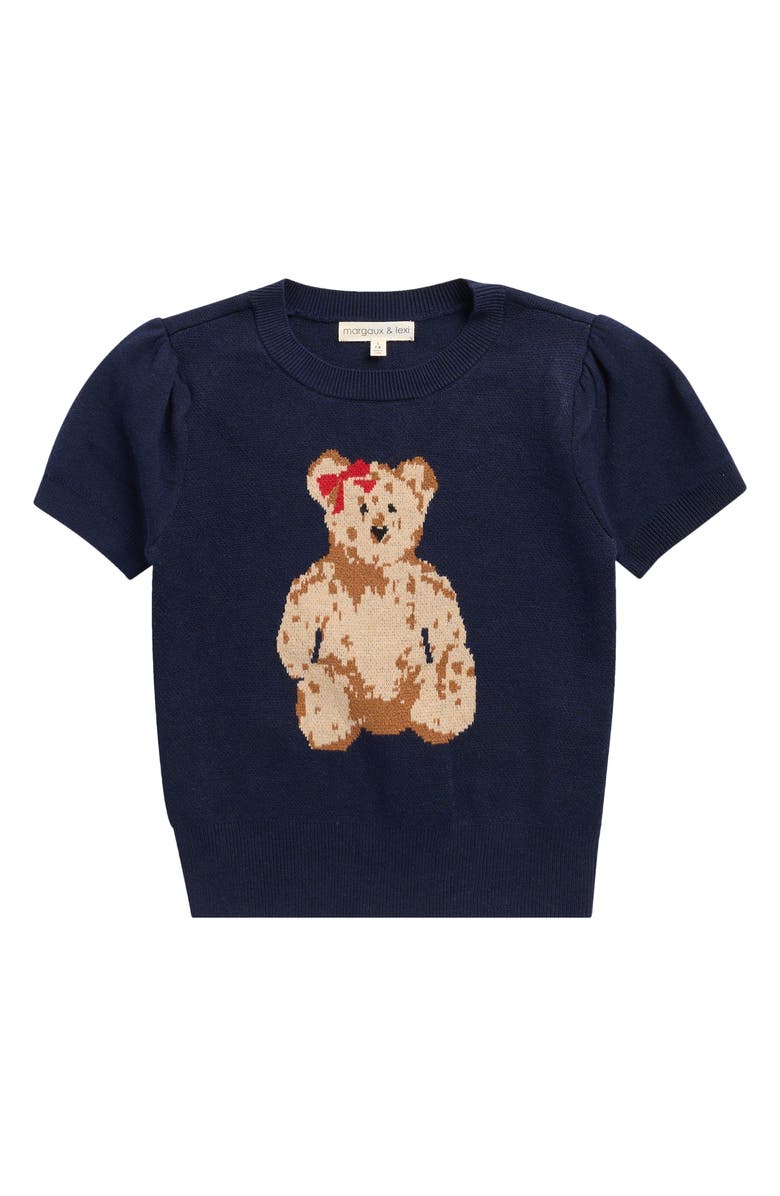 MARGAUX AND LEXI Kids' Bear Jacquard Short Sleeve Sweater, Main, color, Naval Academy