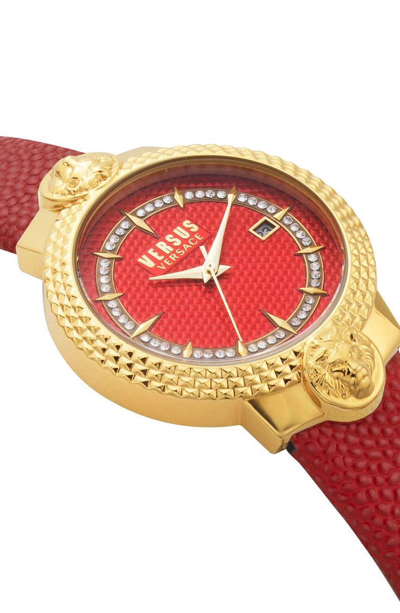VERSUS Versace Mouffetard Leather Strap Watch, 38mm, Alternate, color, Red/ Gold