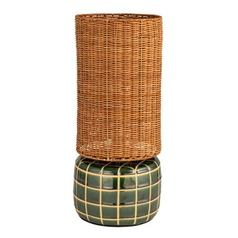 Tiled Table Lamp with Hand-Woven Shade and Inline Switch