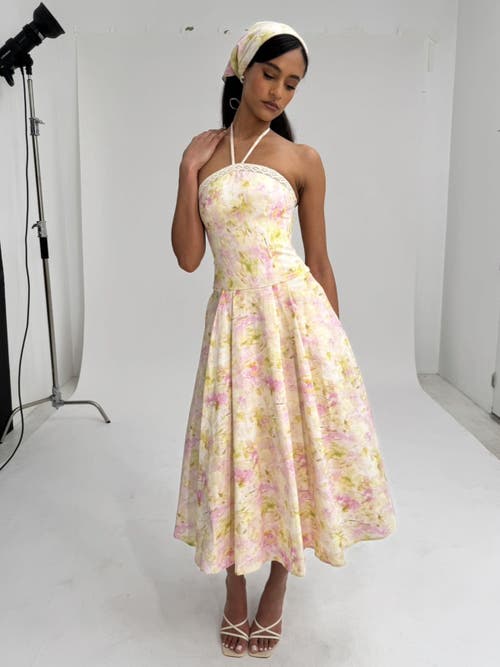 Miss Circle Women Zaina Yellow Pink Floral Print Lace Trim Linen Midi Dress In Brown