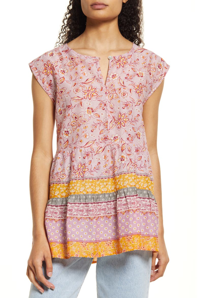 Jessa Border Print Cotton Top, Main, color, DUSTY LILIES