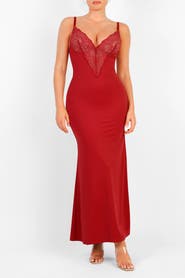 Popilush Shapewear Lace V Neck Side Slit Slimming Maxi Slip Dress