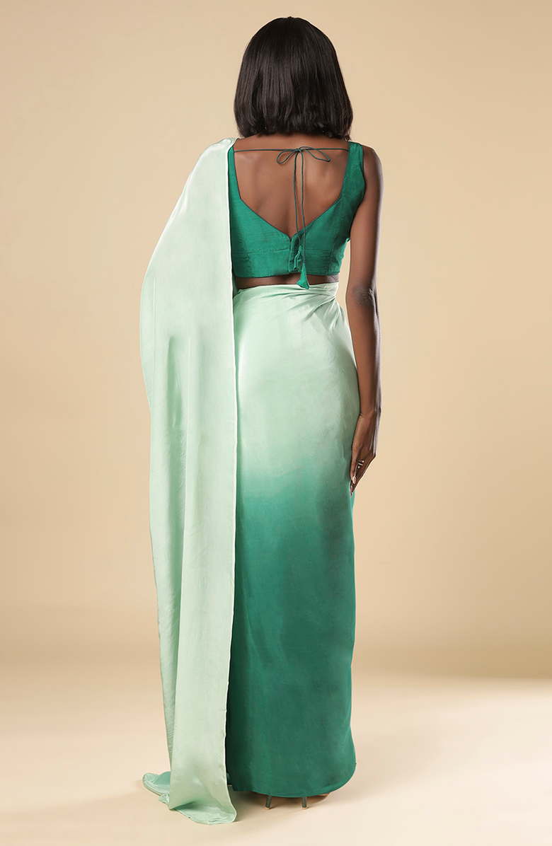 One Minute Saree<sup>®</sup> Cerah Green & Mint Ombre Satin Pre-Draped Ready to Wear Sari, Alternate, color, 