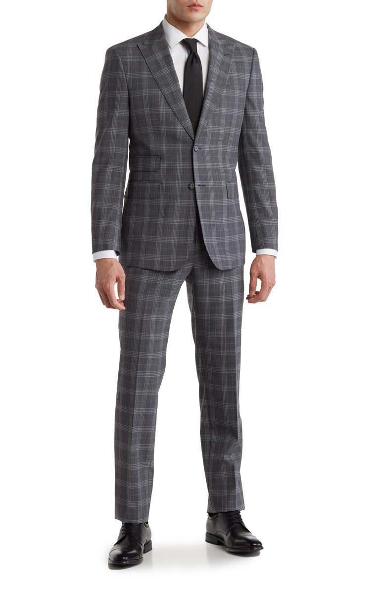 English Laundry Plaid Two Button Peak Lapel Wool Blend Trim Fit Suit, Main, color,