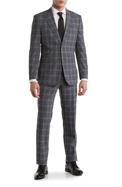 Plaid Two Button Peak Lapel Wool Blend Trim Fit Suit