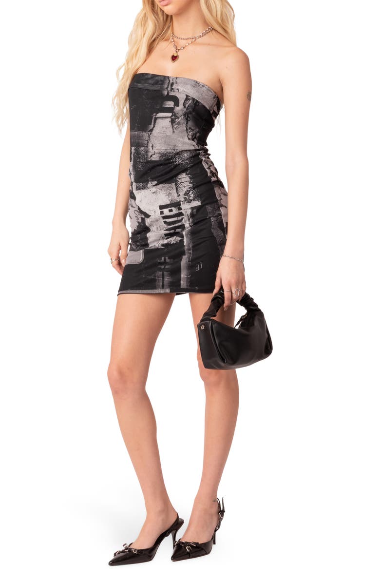 EDIKTED Abstract Print Strapless Mesh Dress, Alternate, color, 