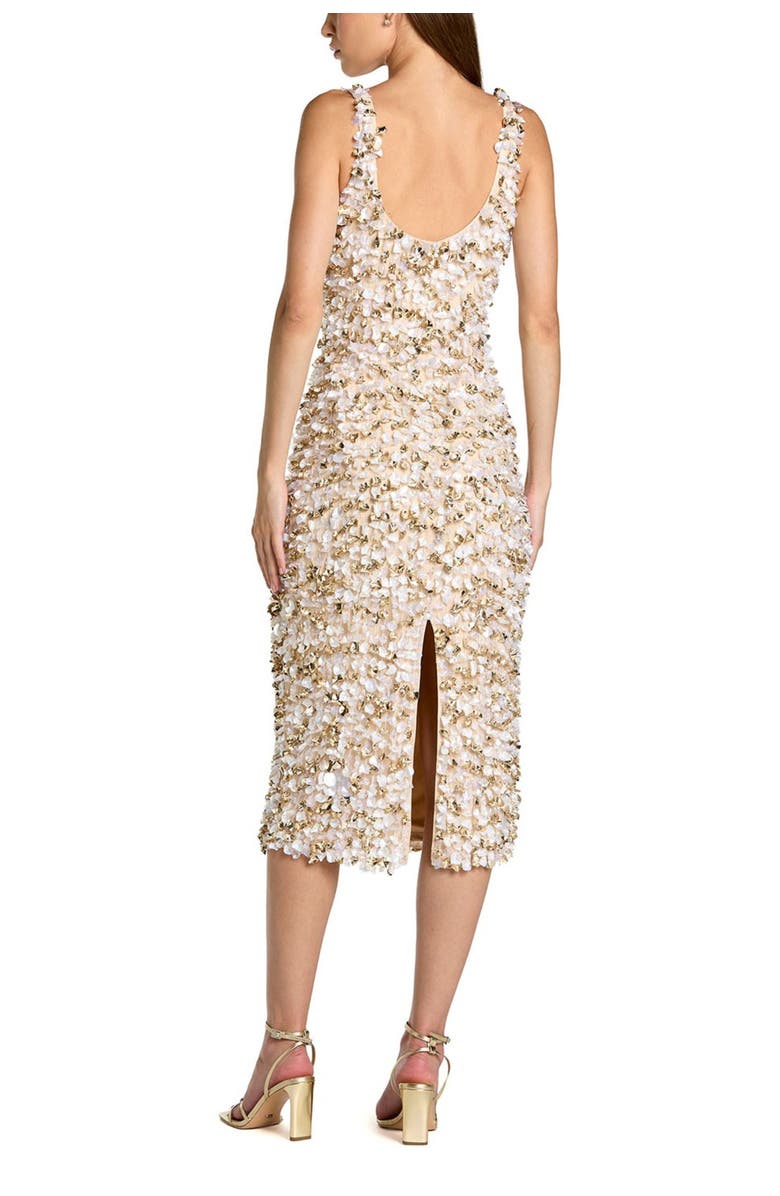 Mac Duggal Sleeveless Mesh Paillette Beaded Fitted Midi Dress, Alternate, color, Oyster