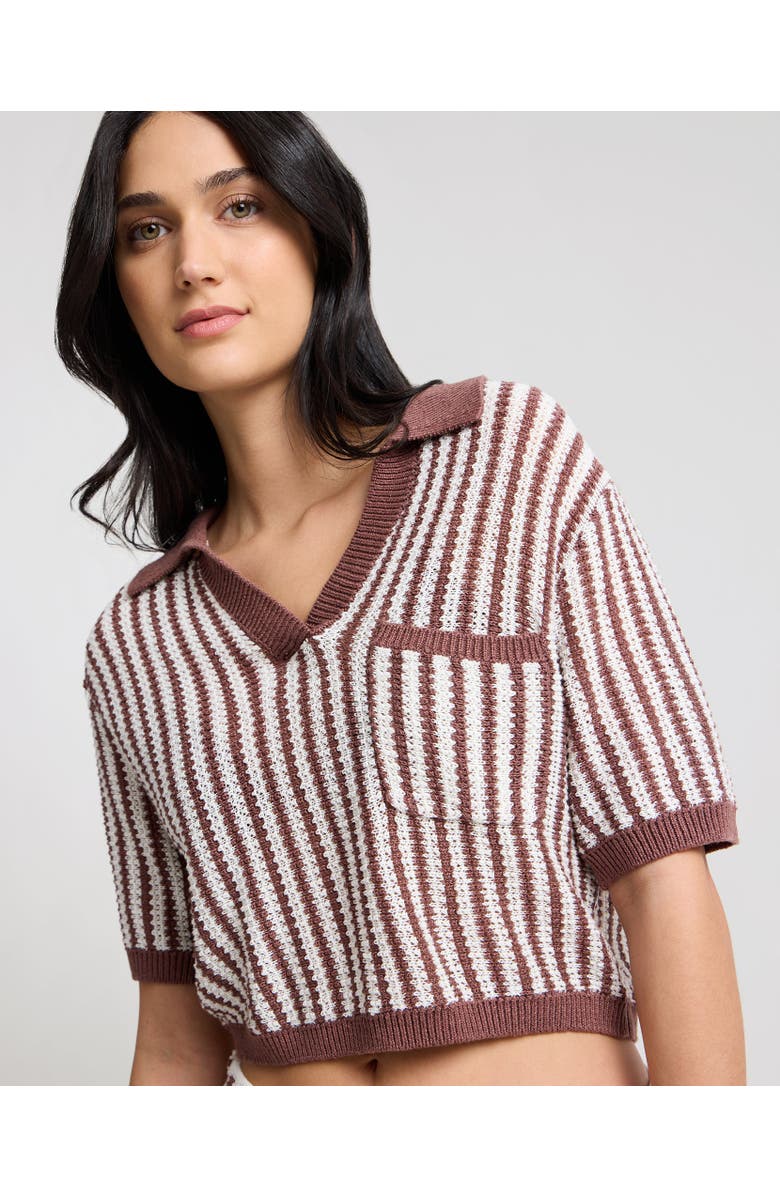 Onia Linen Knit Cropped Polo, Alternate, color, Brown/White