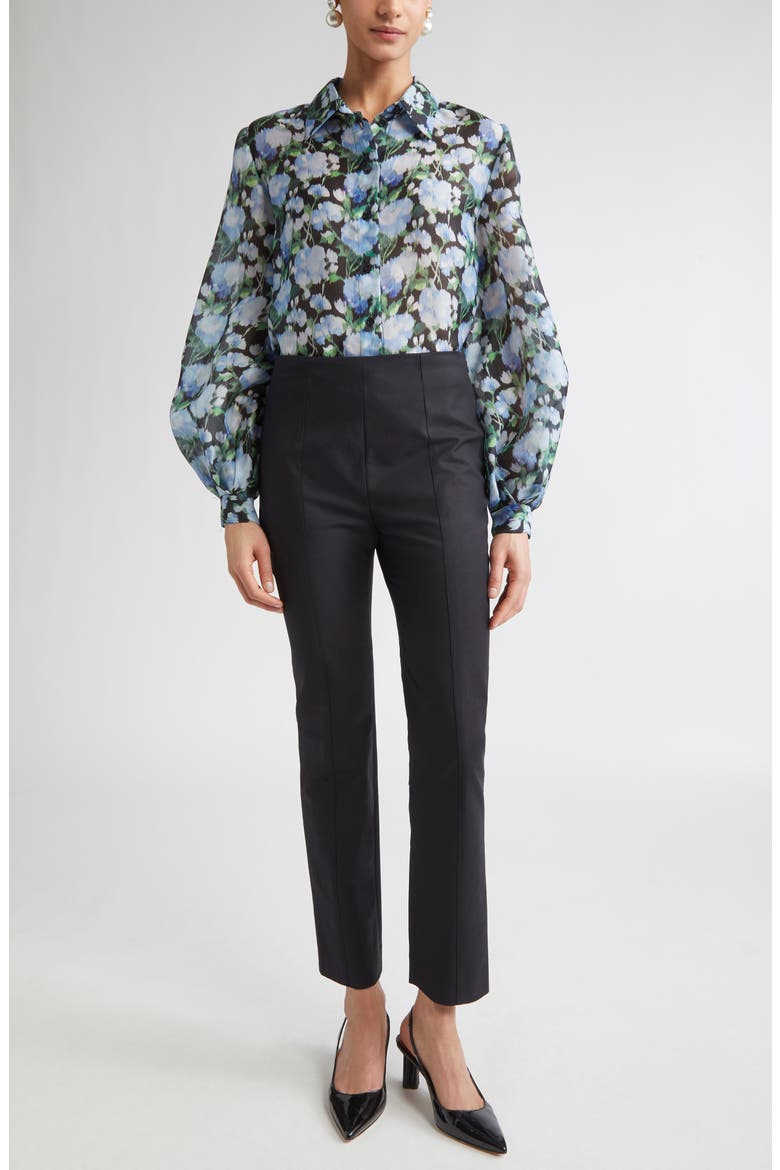 Peony Print Silk Organza Button-Up Shirt, Alternate, color, BLUE MULTI