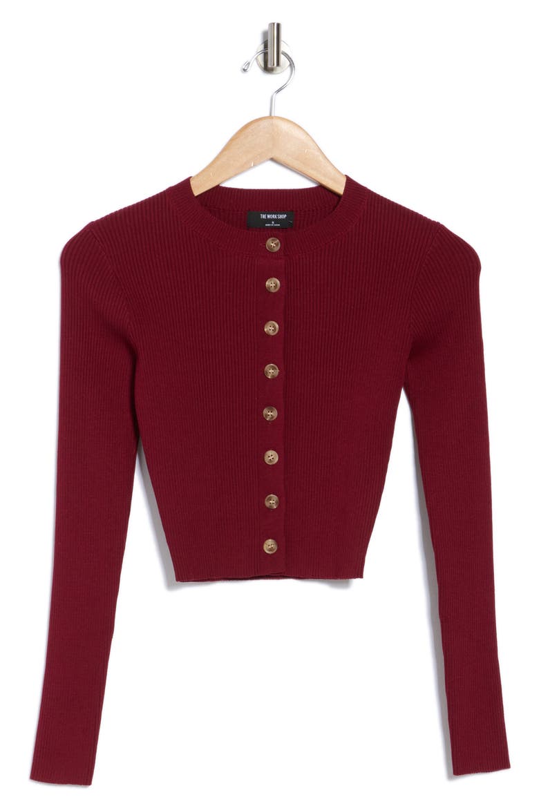 Button Front Crop Cardigan, Alternate, color, RED WOOD
