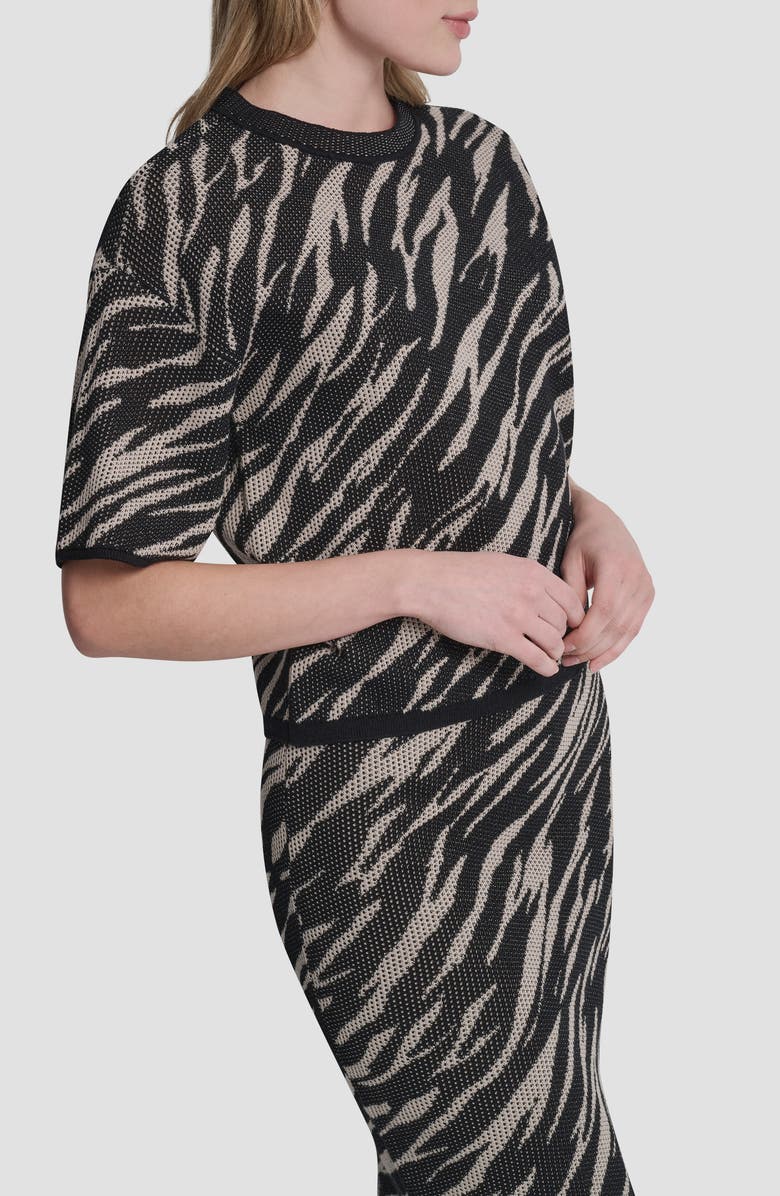 DKNY Animal Pattern Openwork Jacquard Short Sleeve Sweater, Alternate, color, Concrete Animal