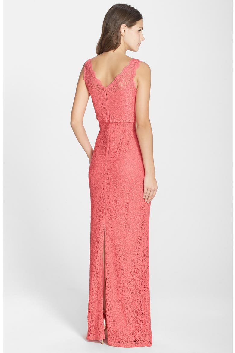 Floral Lace Blouson Column Gown, Alternate, color, FLAMINGO