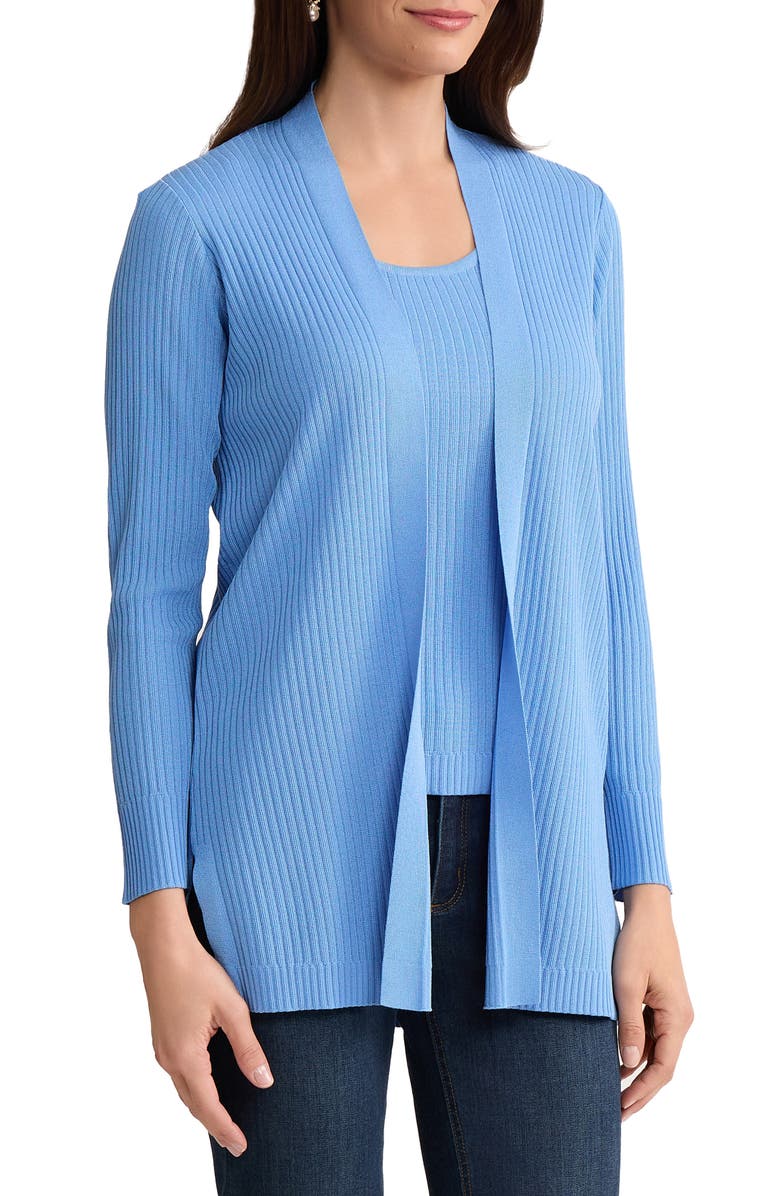 Jones New York Sutton Open Front Rib Knit Cardigan, Alternate, color, Blue Horizon