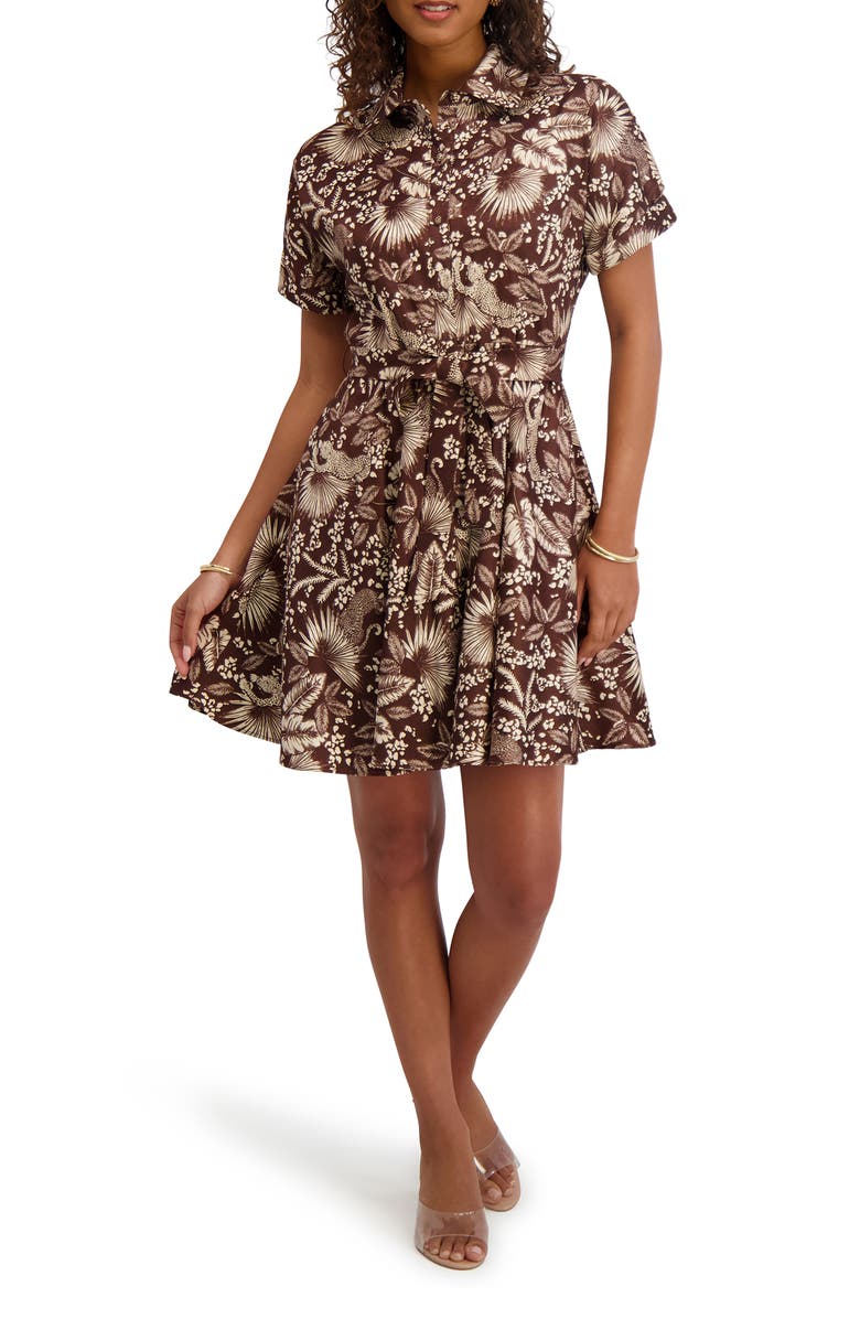 Kensie Jungle Print Short Sleeve Taffeta Shirtdress, Main, color, Chocolate Multi