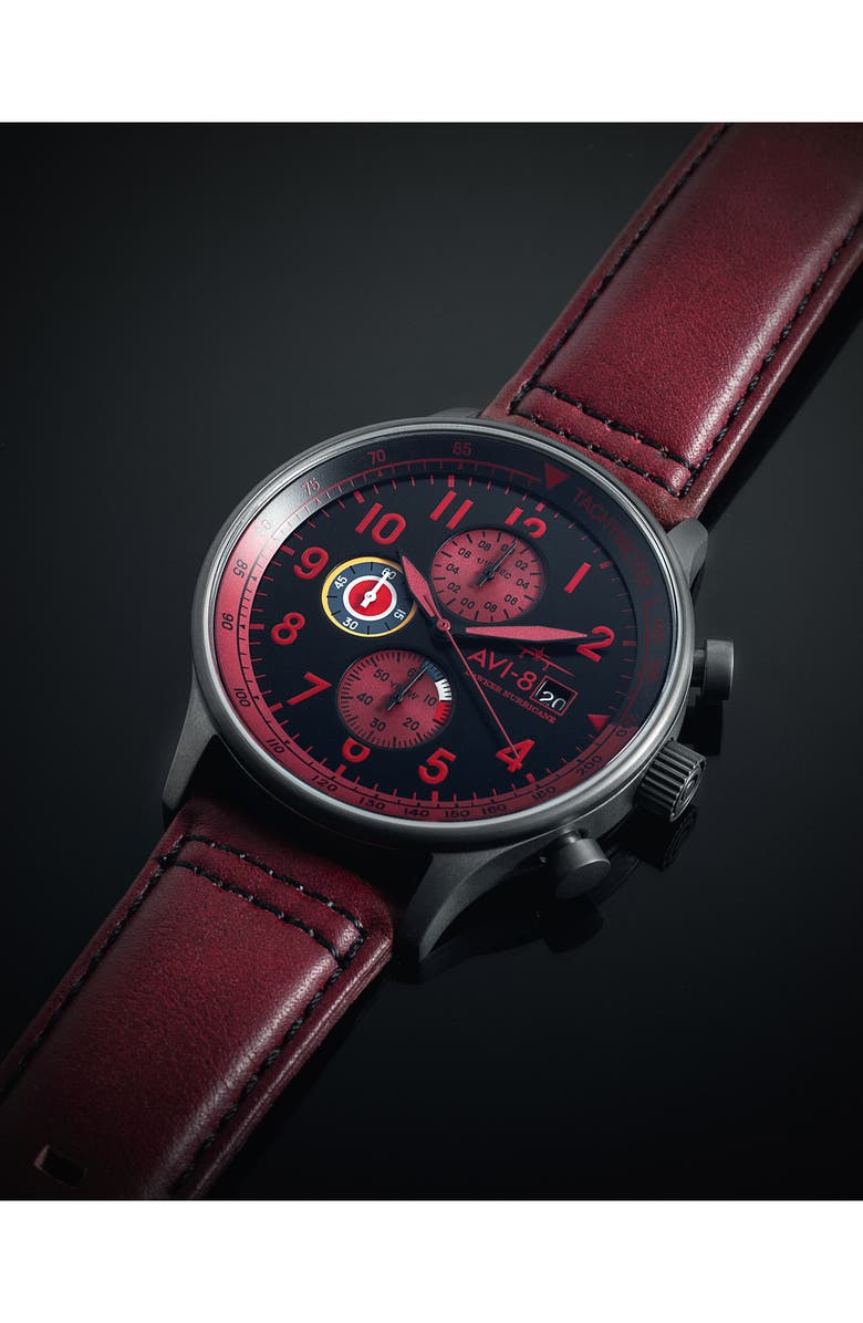 AVI-8 Hawker Hurricane Classic Chronograph Leather Strap Watch, 44mm, Alternate, color, Black/ Burgundy
