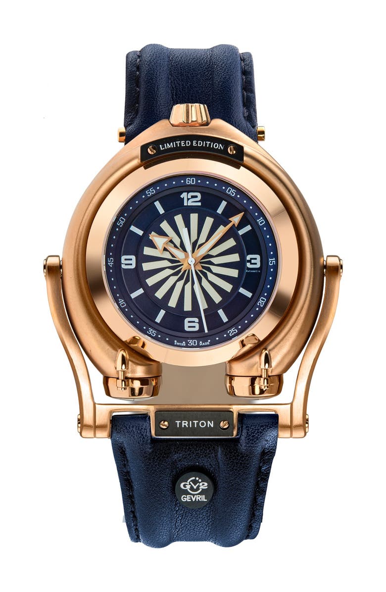 GEVRIL Men's Triton Leather Strap Watch, 49mm, Main, color, 