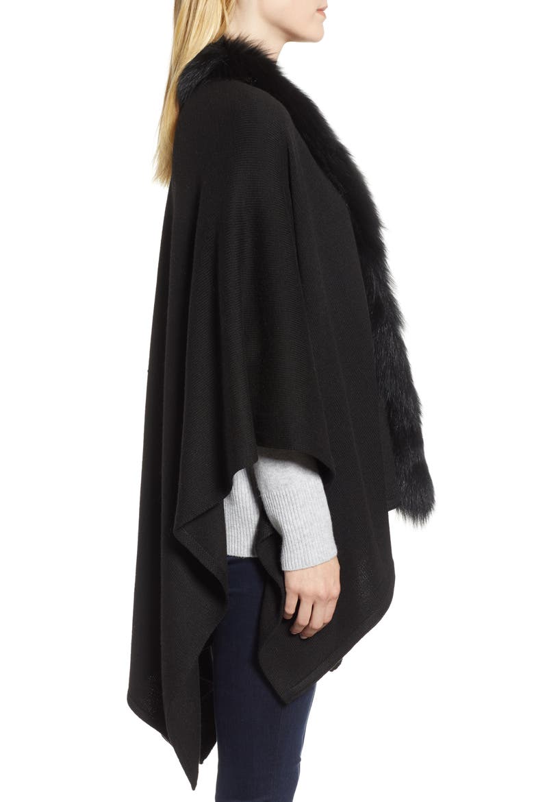 Wool Blend Wrap with Genuine Fox Fur Trim, Alternate, color, BLACK