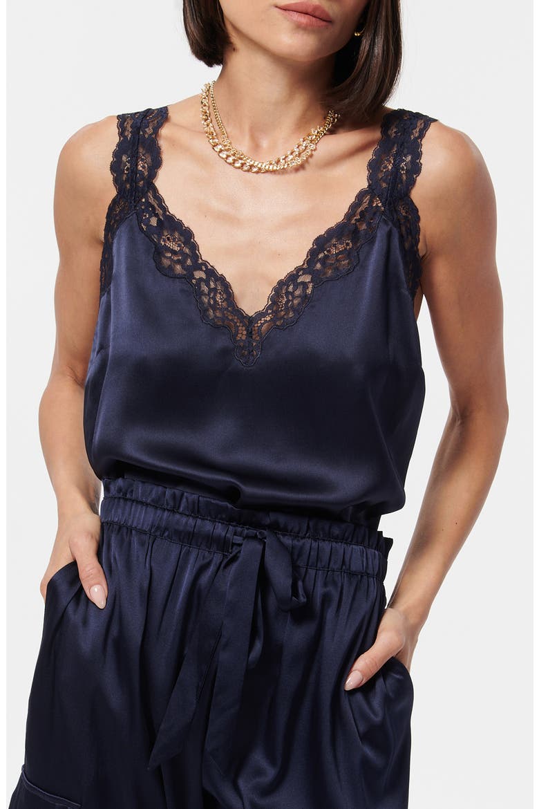 Fernanda Lace Trim Silk Charmeuse Tank, Main, color, NAVY