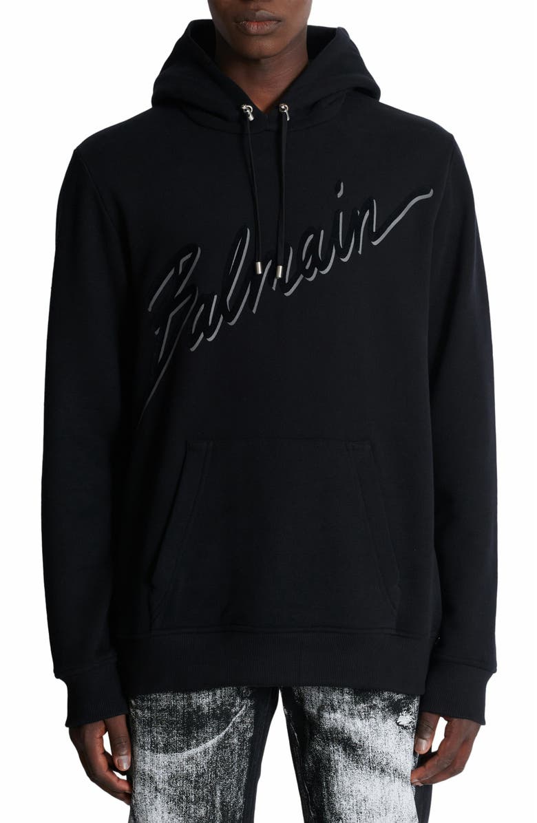 Balmain Flocked Balmain Letter Hoodie, Alternate, color, Black