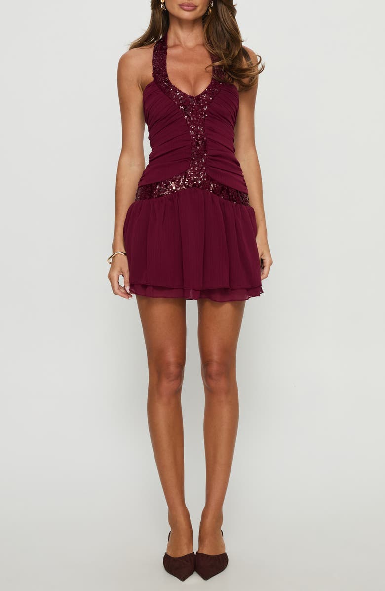 Princess Polly Aisleigh Sequin Ruched Halter Minidress, Main, color, Berry