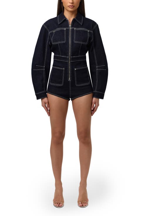 Front Zip Denim Romper