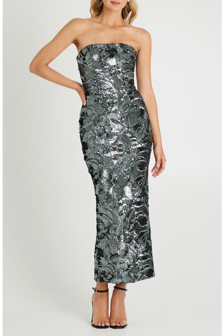 Leslie Pattern Sequin Strapless Gown, Main, color, GUNMETAL