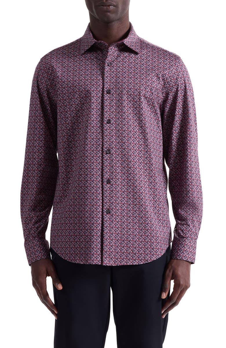 Bugatchi Jimmy OoohCotton<sup>®</sup> Geo Print Button-Up Shirt, Main, color, Mahogany