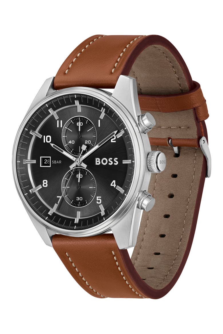 Skytraveller Chronograph Leather Strap Watch, 41mm, Alternate, color, BLACK