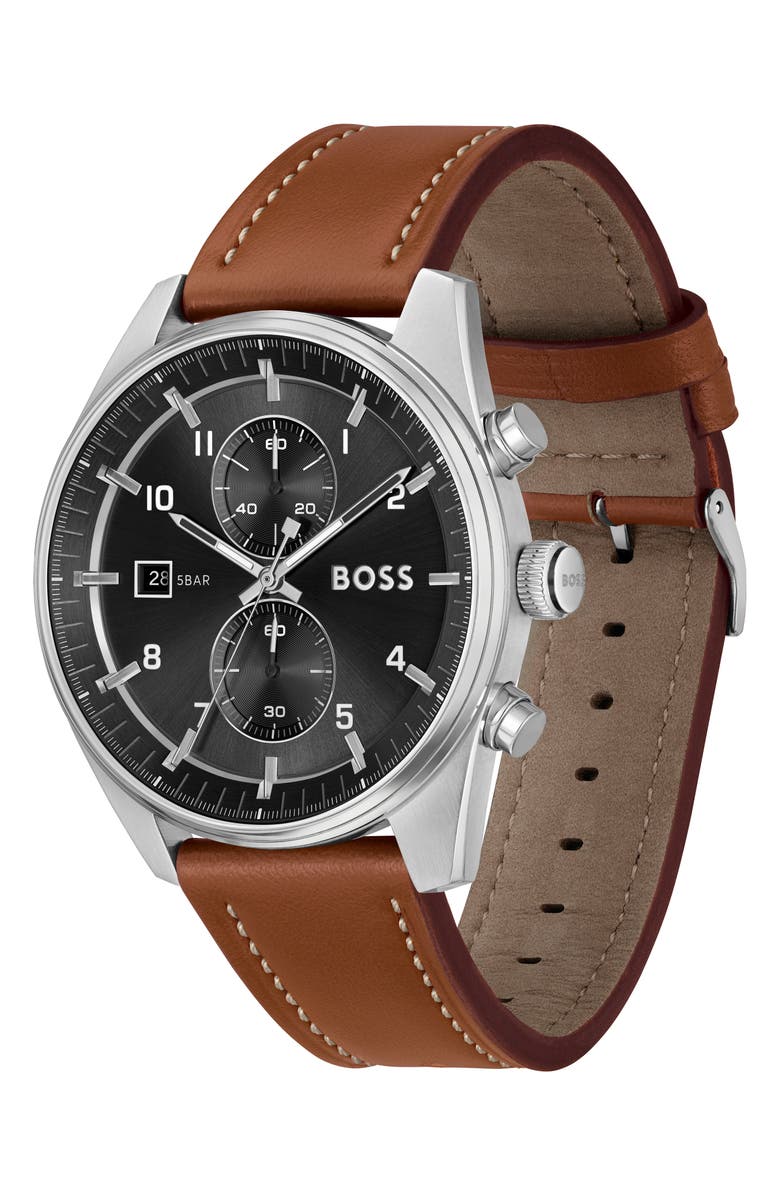 BOSS Skytraveller Chronograph Leather Strap Watch, 41mm, Alternate, color, Black