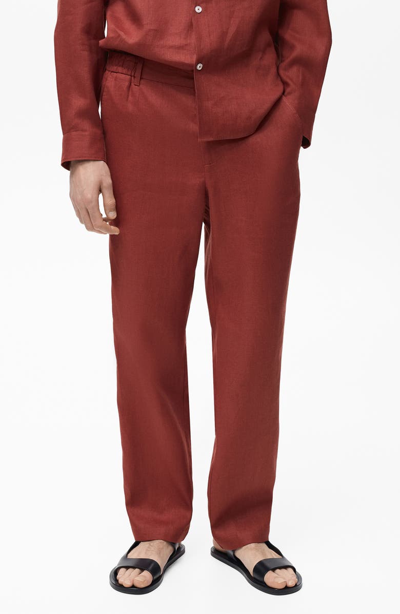 MANGO Elastic Waist Linen Pants, Main, color, Cherry