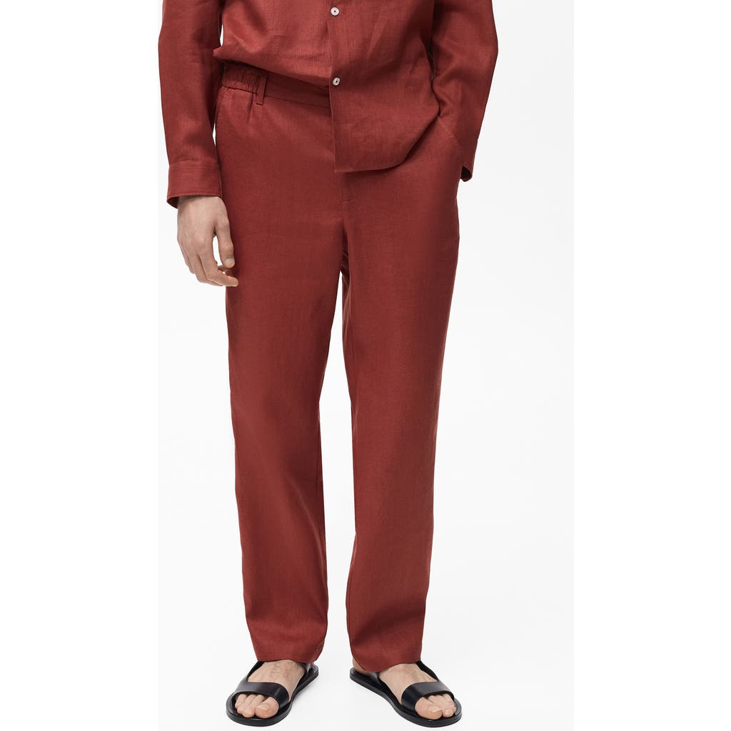 Mango Elastic Waist Linen Pants In Burgundy