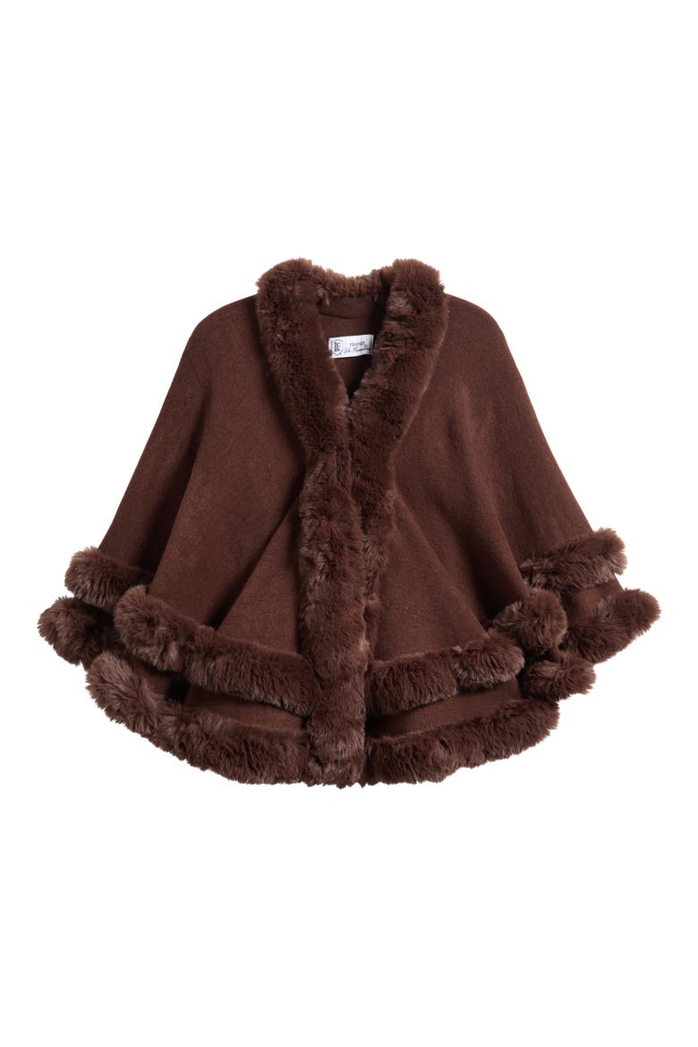 Faux Fur Trim Ruana, Alternate, color, CHOCOLATE