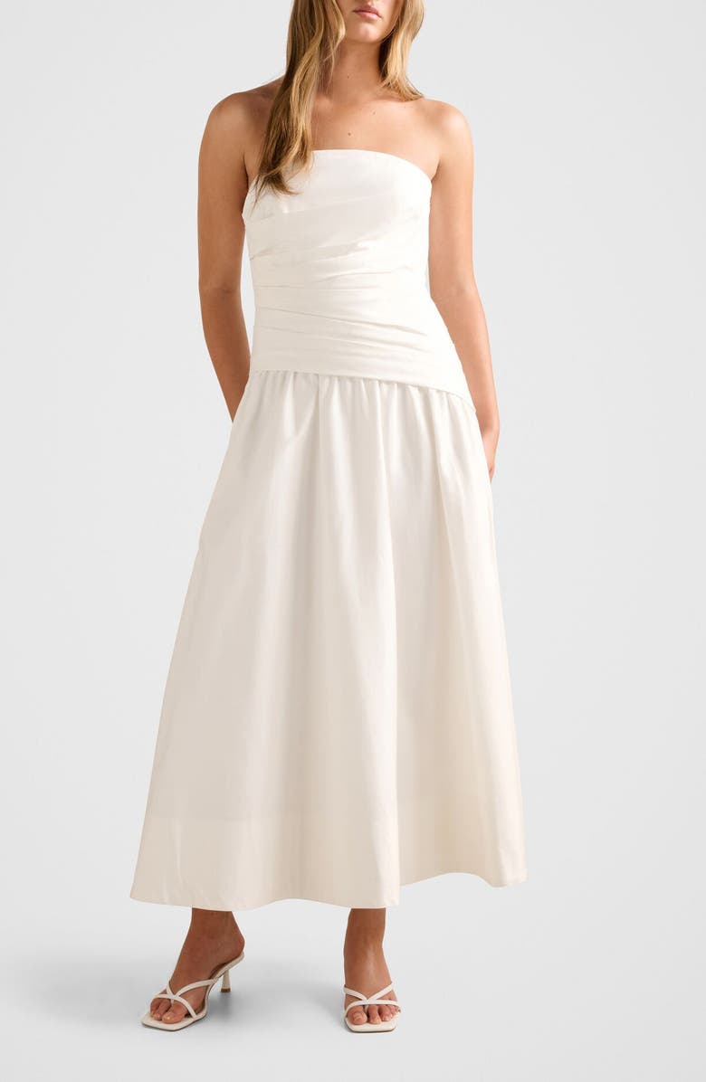 Ever New Rumi Ruched Strapless Midi Dress, Main, color, Porcelain