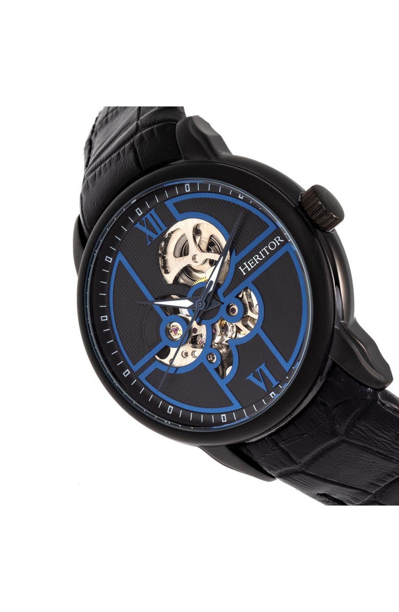 Heritor Automatic Sanford Semi-Skeleton Leather-Band Watch, Alternate, color, Black