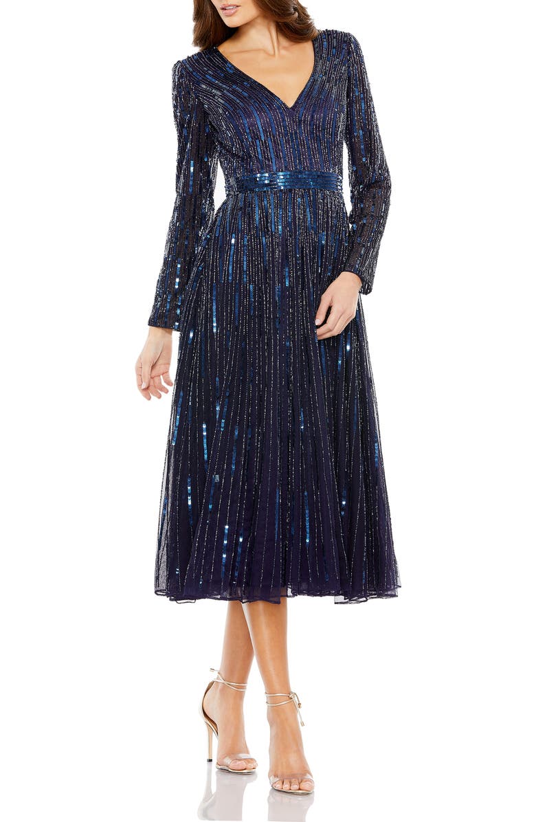 Mac Duggal Long Sleeve Tea Length Dress, Main, color, 