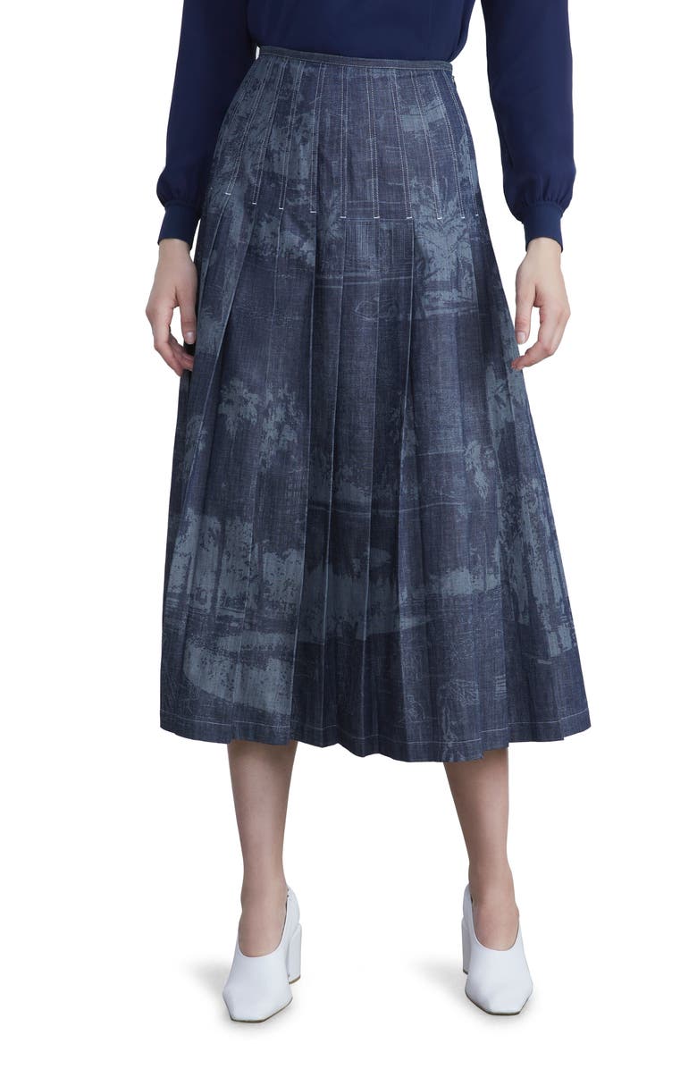 Lafayette 148 New York Landscape Print Pleated Nonstretch Denim Skirt, Main, color,