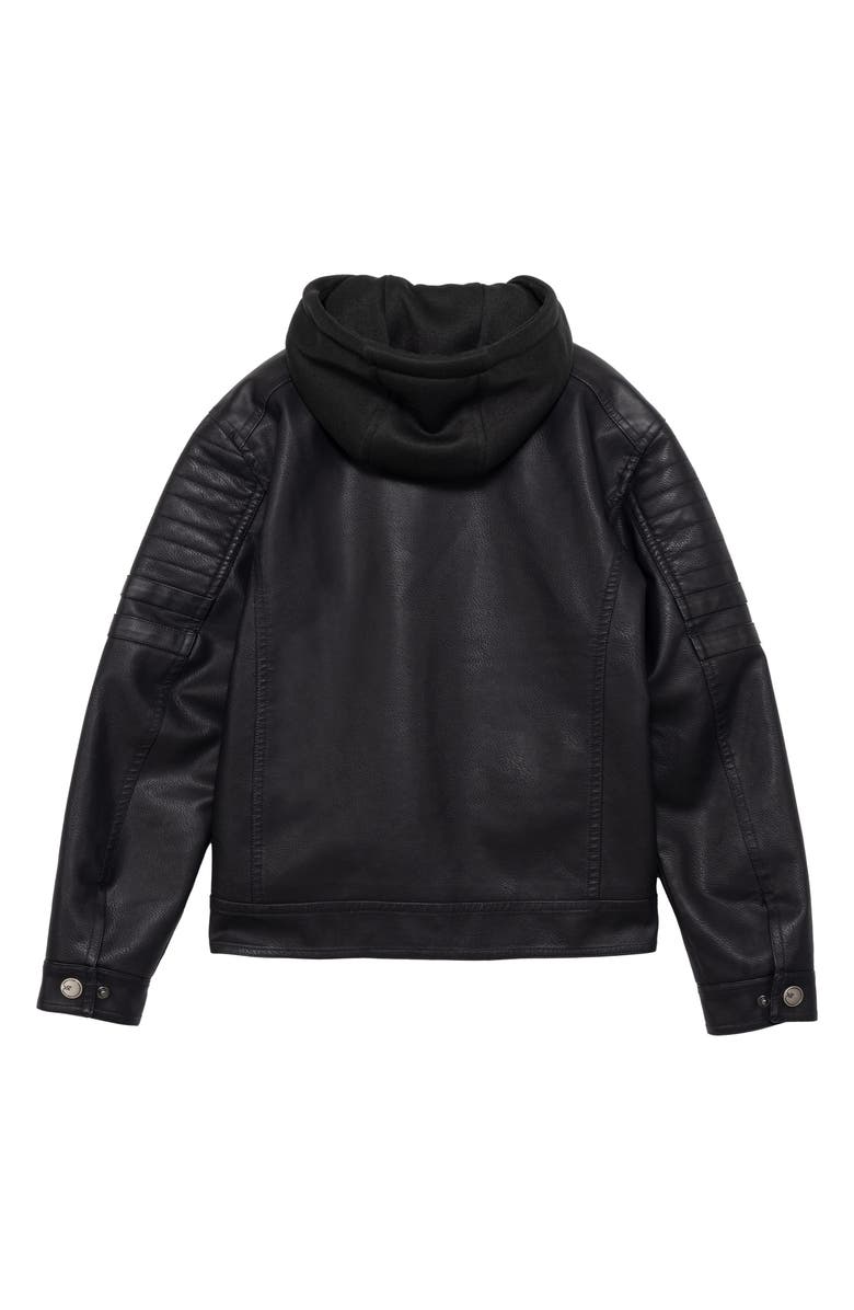 XRAY Kids' Hooded Faux Shearling Lined Faux Leather Moto Jacket, Alternate, color, Black/Black