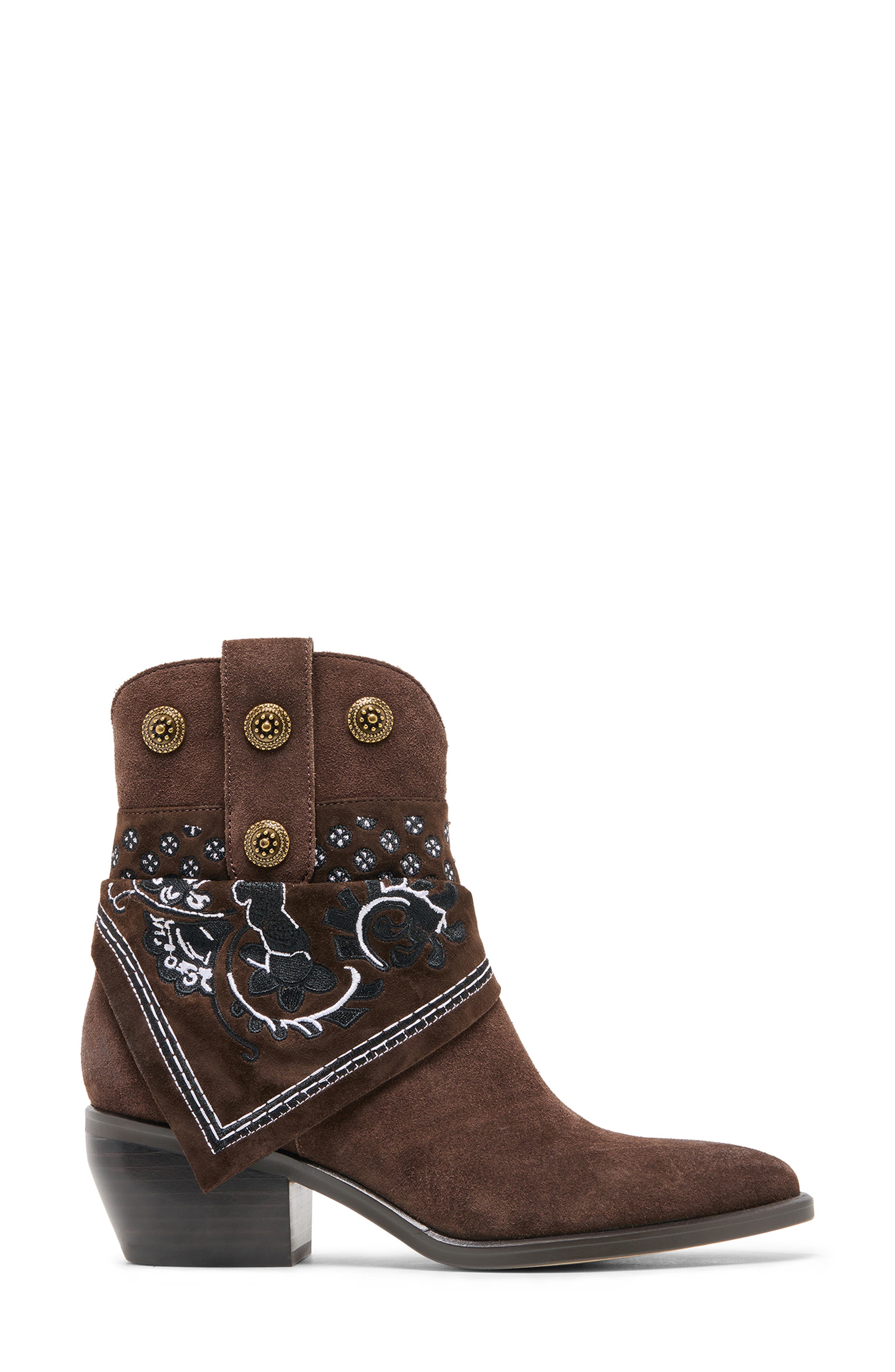 Mekala Embroidered Bootie, Alternate, color, DARK BROWN SUEDE