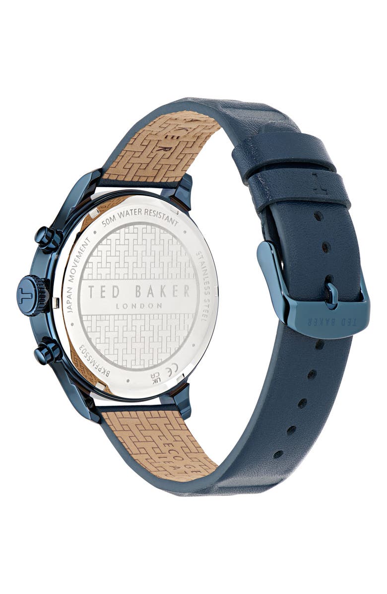 Ted Baker Fulmaar Chronograph Leather Strap Watch, 44mm, Alternate, color, Blue