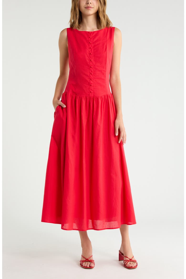 Evie Cotton & Linen Buttoned Maxi Dress, Main, color, RED